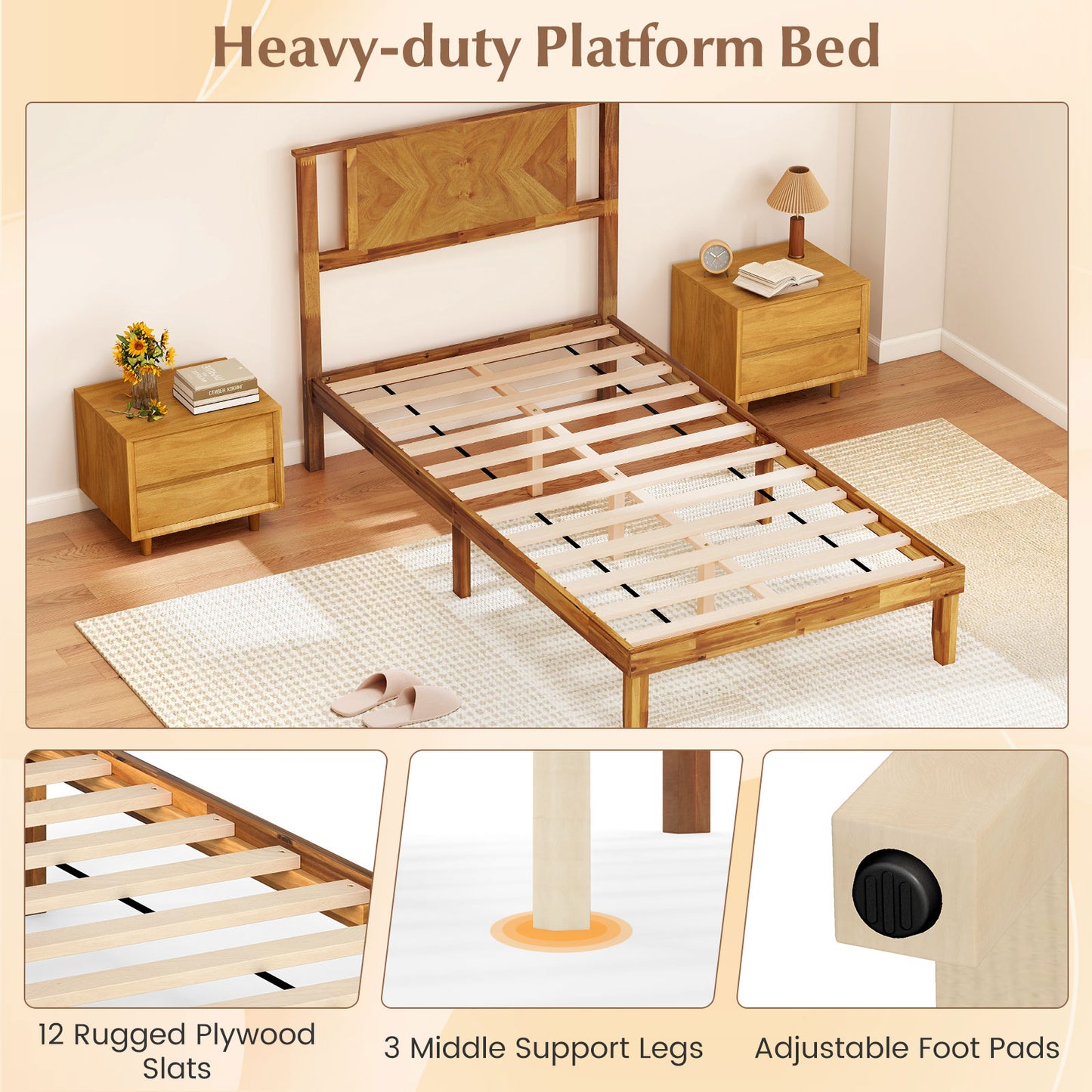 Twin/Full/Queen Size Bed Frame Mid-Century Acacia Wood Platform Bed with Headboard-Twin Size