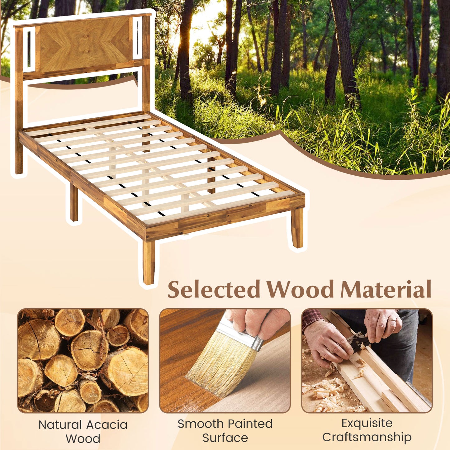 Twin/Full/Queen Size Bed Frame Mid-Century Acacia Wood Platform Bed with Headboard-Twin Size