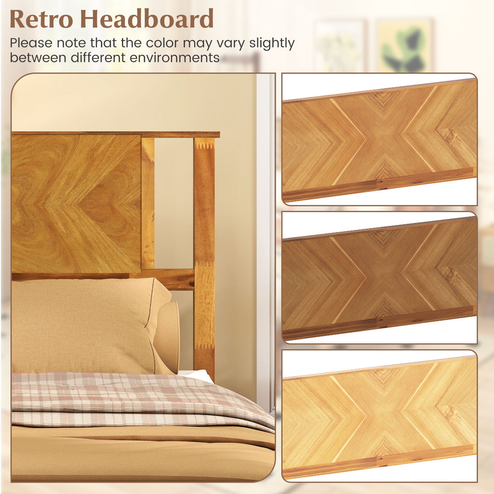 Twin/Full/Queen Size Bed Frame Mid-Century Acacia Wood Platform Bed with Headboard-Twin Size