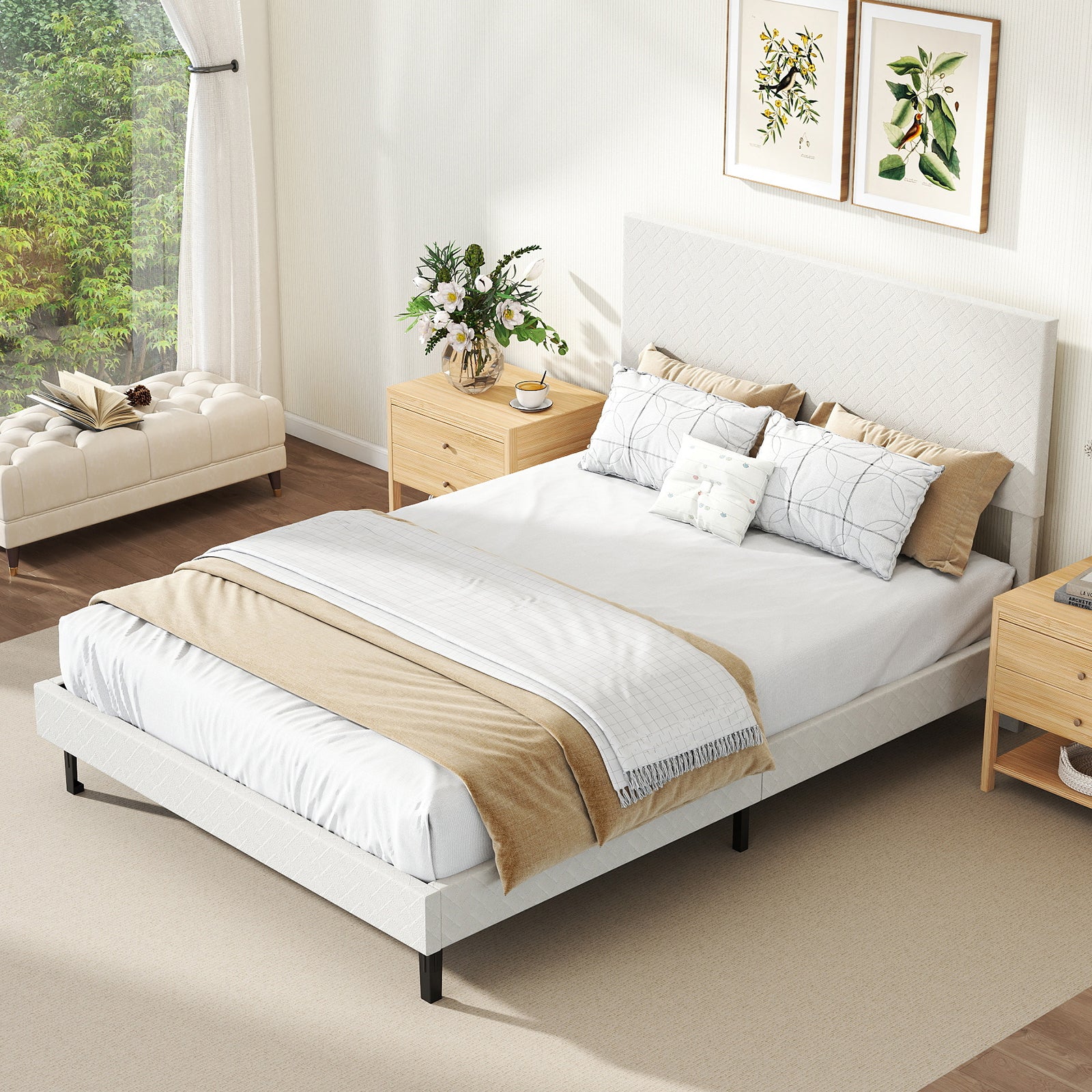Twin/Full/Queen Size Velvet Bed Frame Upholstered Platform Bed with Chevron Headboard Beige-Full