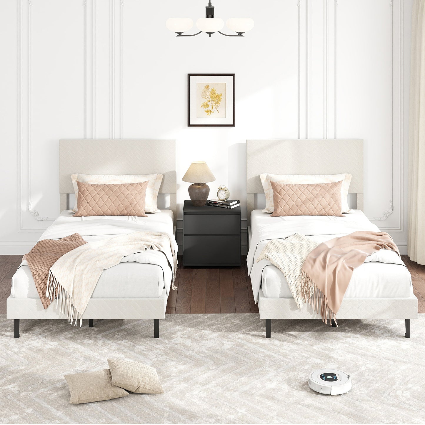 Twin/Full/Queen Size Velvet Bed Frame Upholstered Platform Bed with Chevron Headboard Beige-Twin