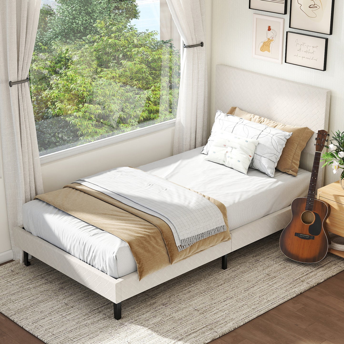 Twin/Full/Queen Size Velvet Bed Frame Upholstered Platform Bed with Chevron Headboard Beige-Twin