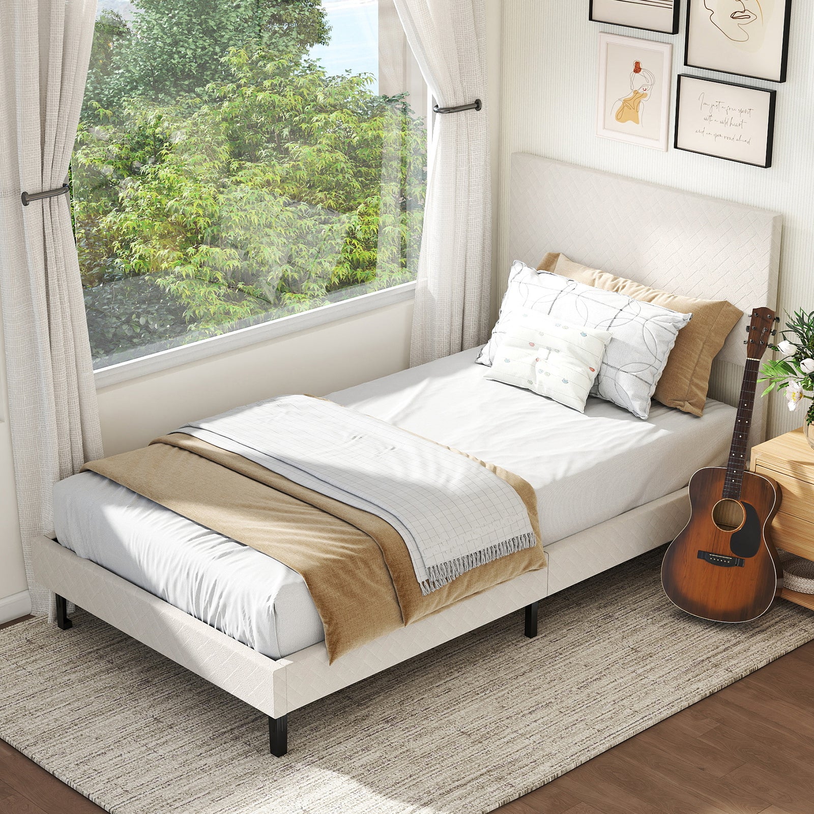 Twin/Full/Queen Size Velvet Bed Frame Upholstered Platform Bed with Chevron Headboard Beige-Twin