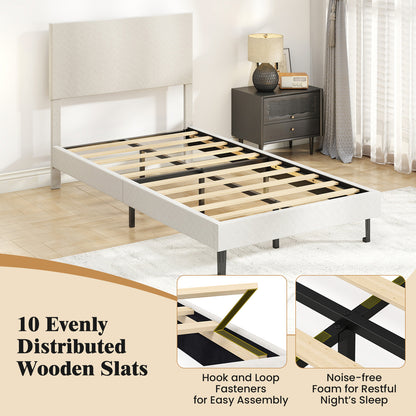 Twin/Full/Queen Size Velvet Bed Frame Upholstered Platform Bed with Chevron Headboard Beige-Twin
