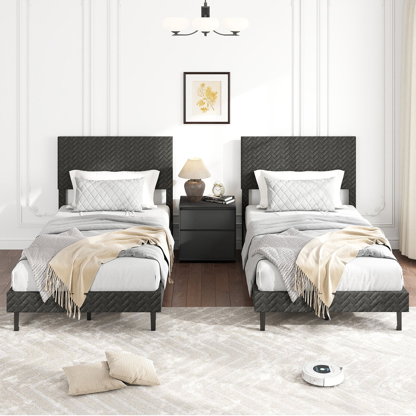 Twin/Full/Queen Size Velvet Bed Frame Upholstered Platform Bed with Chevron Headboard Gray-Twin