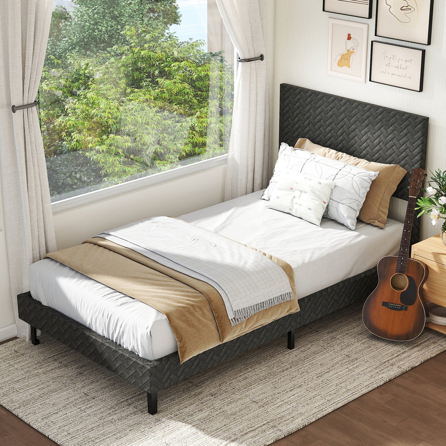 Twin/Full/Queen Size Velvet Bed Frame Upholstered Platform Bed with Chevron Headboard Gray-Twin