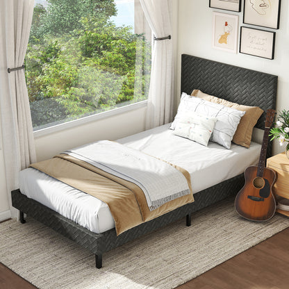 Twin/Full/Queen Size Velvet Bed Frame Upholstered Platform Bed with Chevron Headboard Gray-Twin