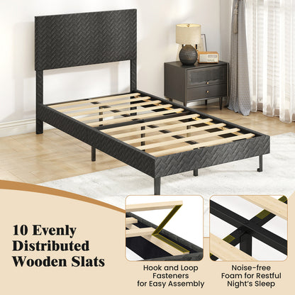 Twin/Full/Queen Size Velvet Bed Frame Upholstered Platform Bed with Chevron Headboard Gray-Twin