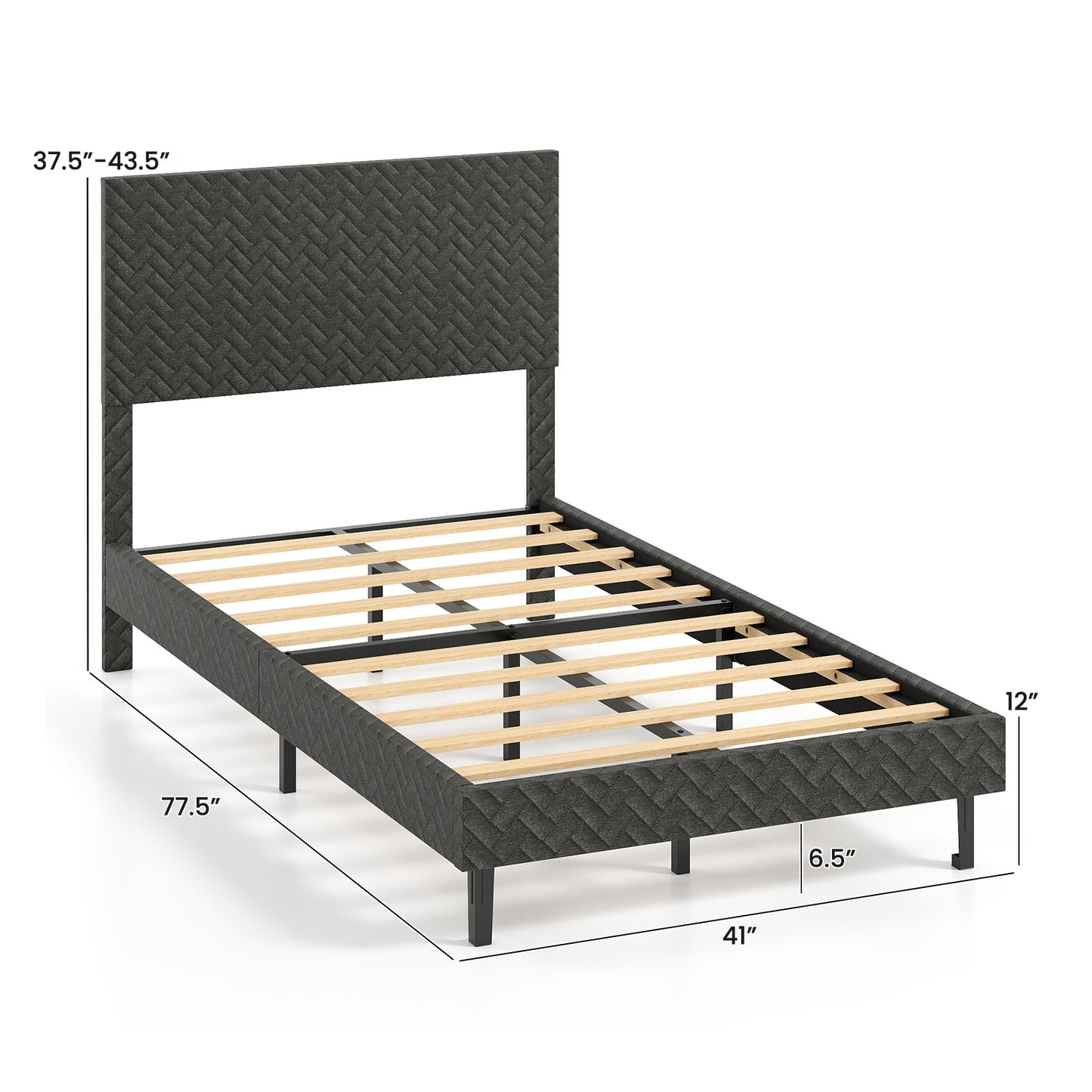 Twin/Full/Queen Size Velvet Bed Frame Upholstered Platform Bed with Chevron Headboard Gray-Twin