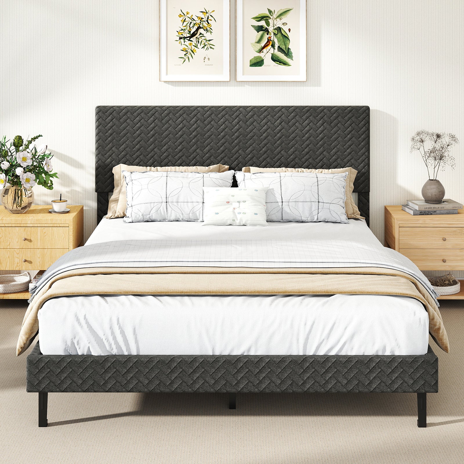 Twin/Full/Queen Size Velvet Bed Frame Upholstered Platform Bed with Chevron Headboard Gray-Queen