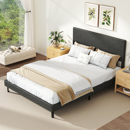 Twin/Full/Queen Size Velvet Bed Frame Upholstered Platform Bed with Chevron Headboard Gray-Queen
