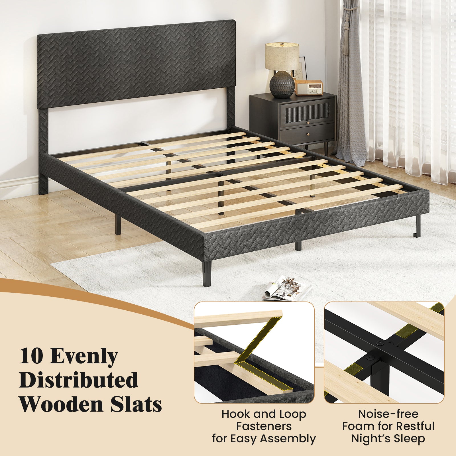 Twin/Full/Queen Size Velvet Bed Frame Upholstered Platform Bed with Chevron Headboard Gray-Queen