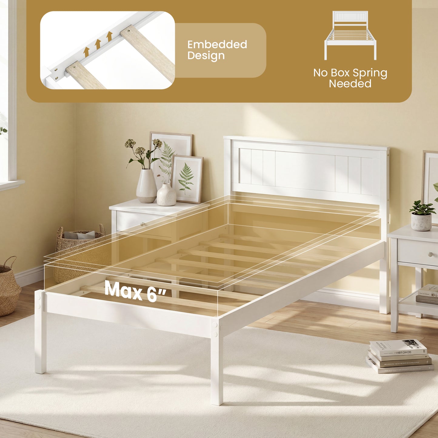 Twin/Full/Queen Size Sturdy Wooden Bed Frame with Headboard and Slat Support-Twin Size