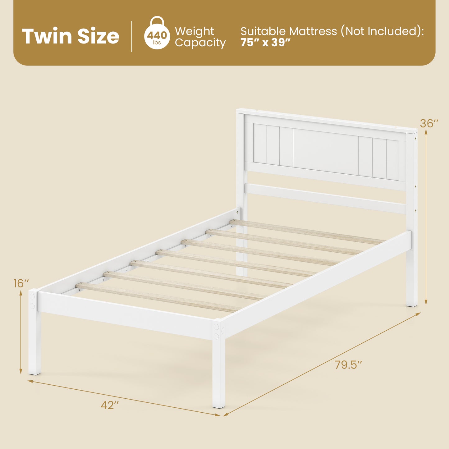 Twin/Full/Queen Size Sturdy Wooden Bed Frame with Headboard and Slat Support-Twin Size