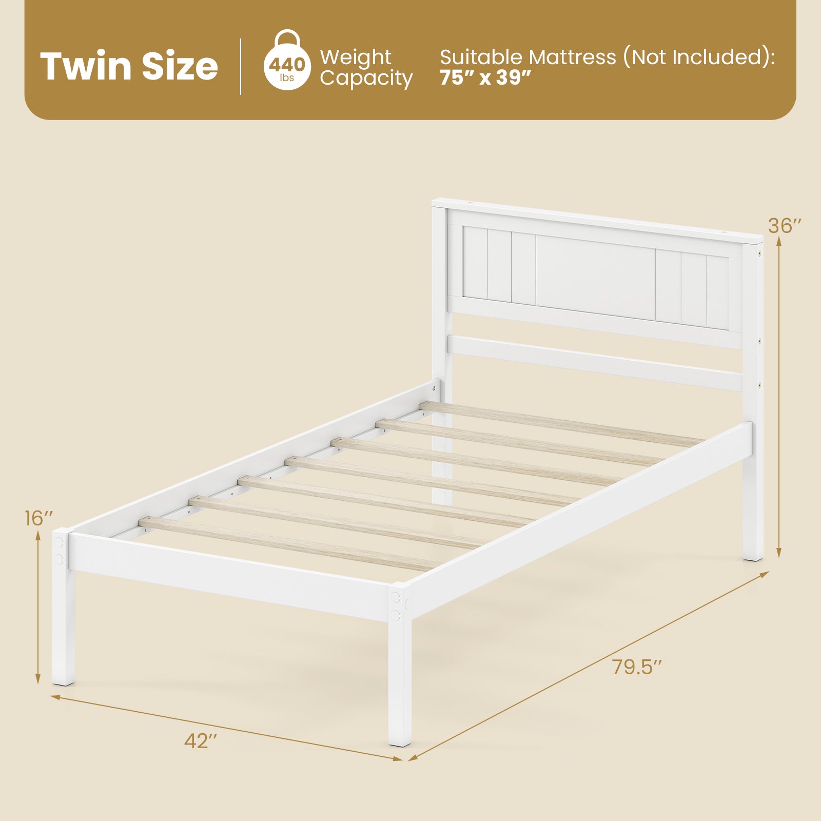 Twin/Full/Queen Size Sturdy Wooden Bed Frame with Headboard and Slat Support-Twin Size