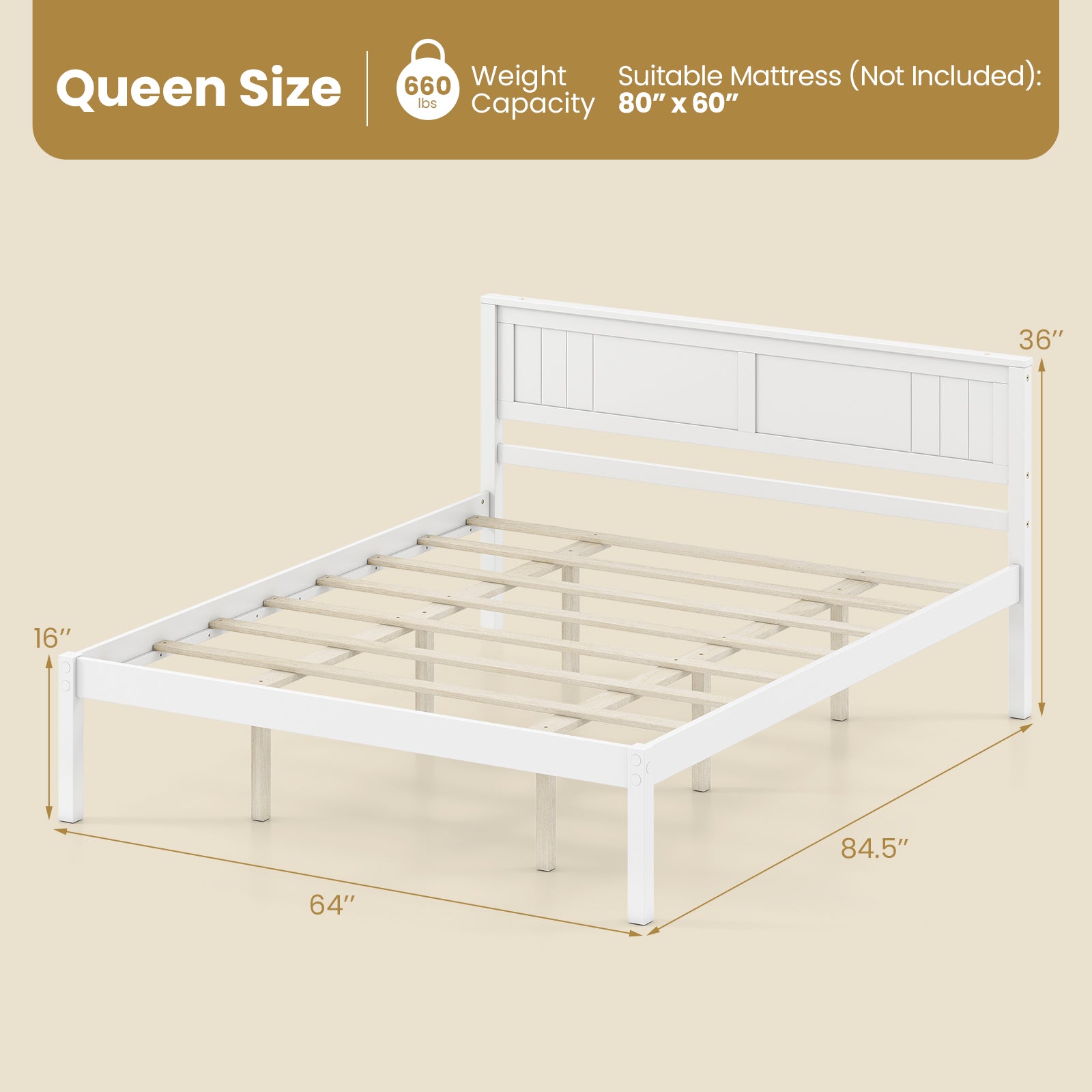 Twin/Full/Queen Size Sturdy Wooden Bed Frame with Headboard and Slat Support-Queen Size