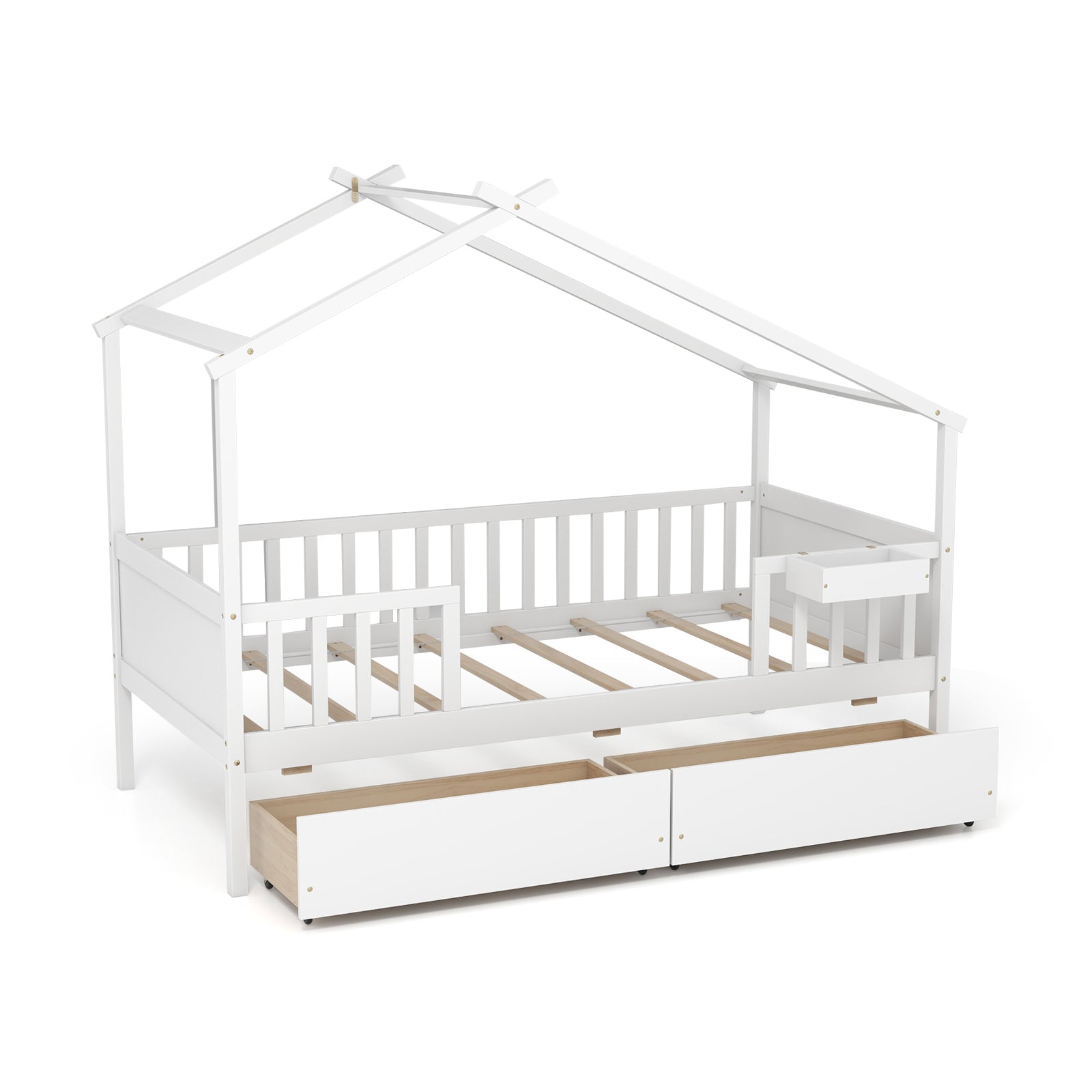 Twin House Bed with 2 Storage Drawers and Roof & Fence Rails-White