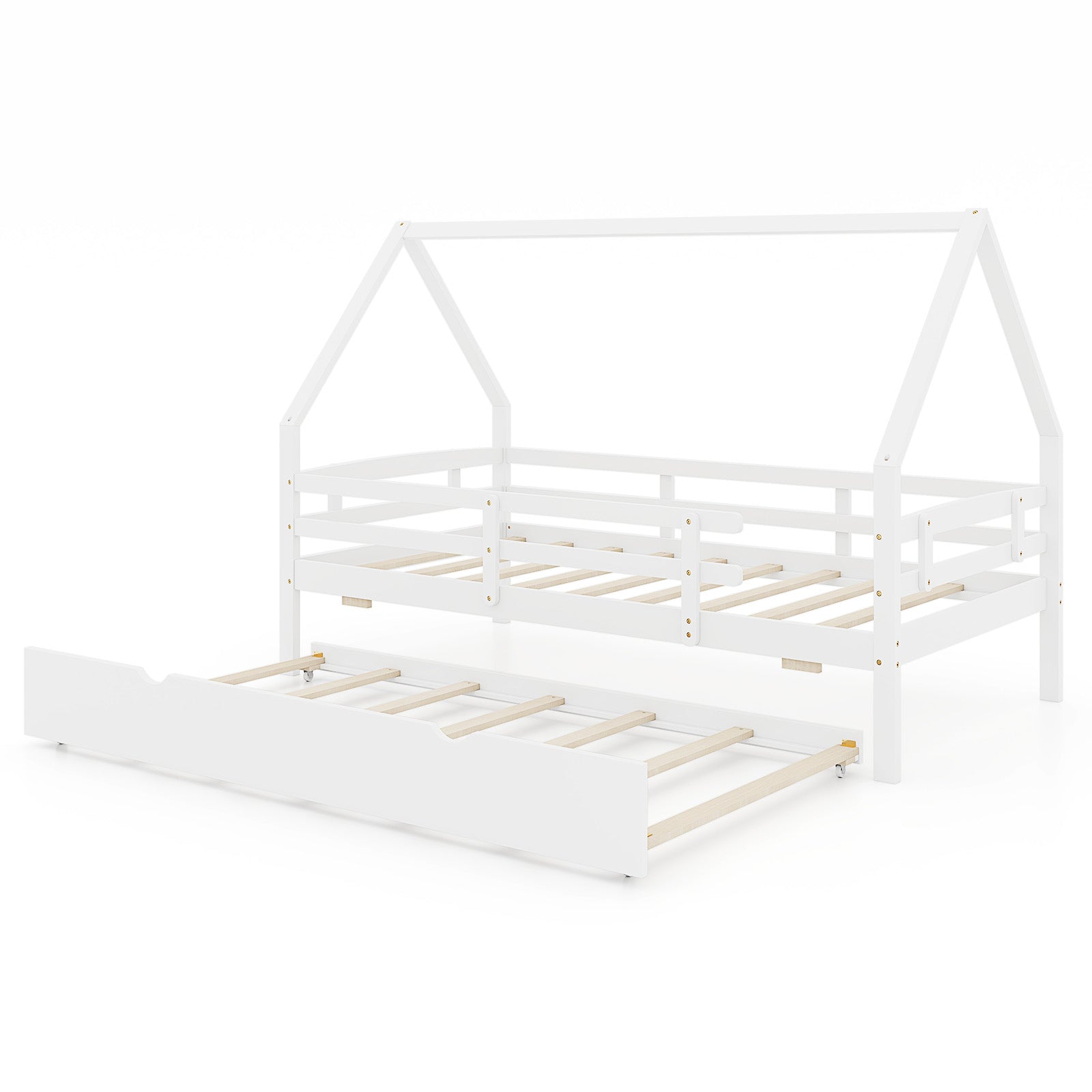 Twin House Bed with Trundle and Fence Rail-White - White