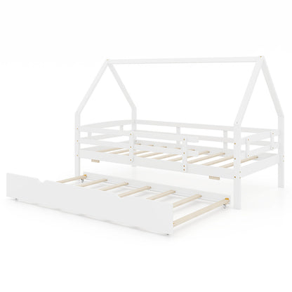 Twin House Bed with Trundle and Fence Rail-White - White