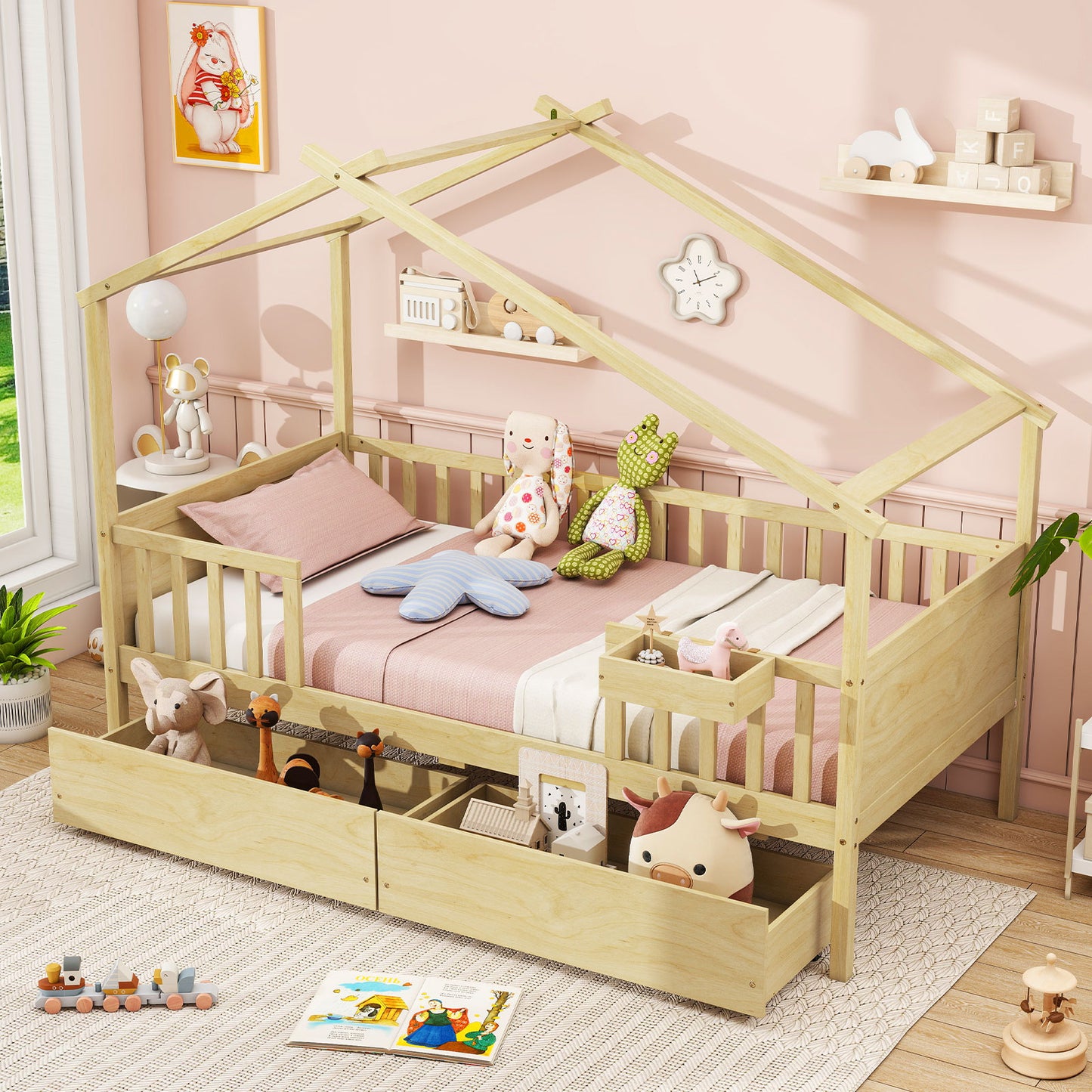 Twin House Bed with 2 Storage Drawers and Roof & Fence Rails-Natural