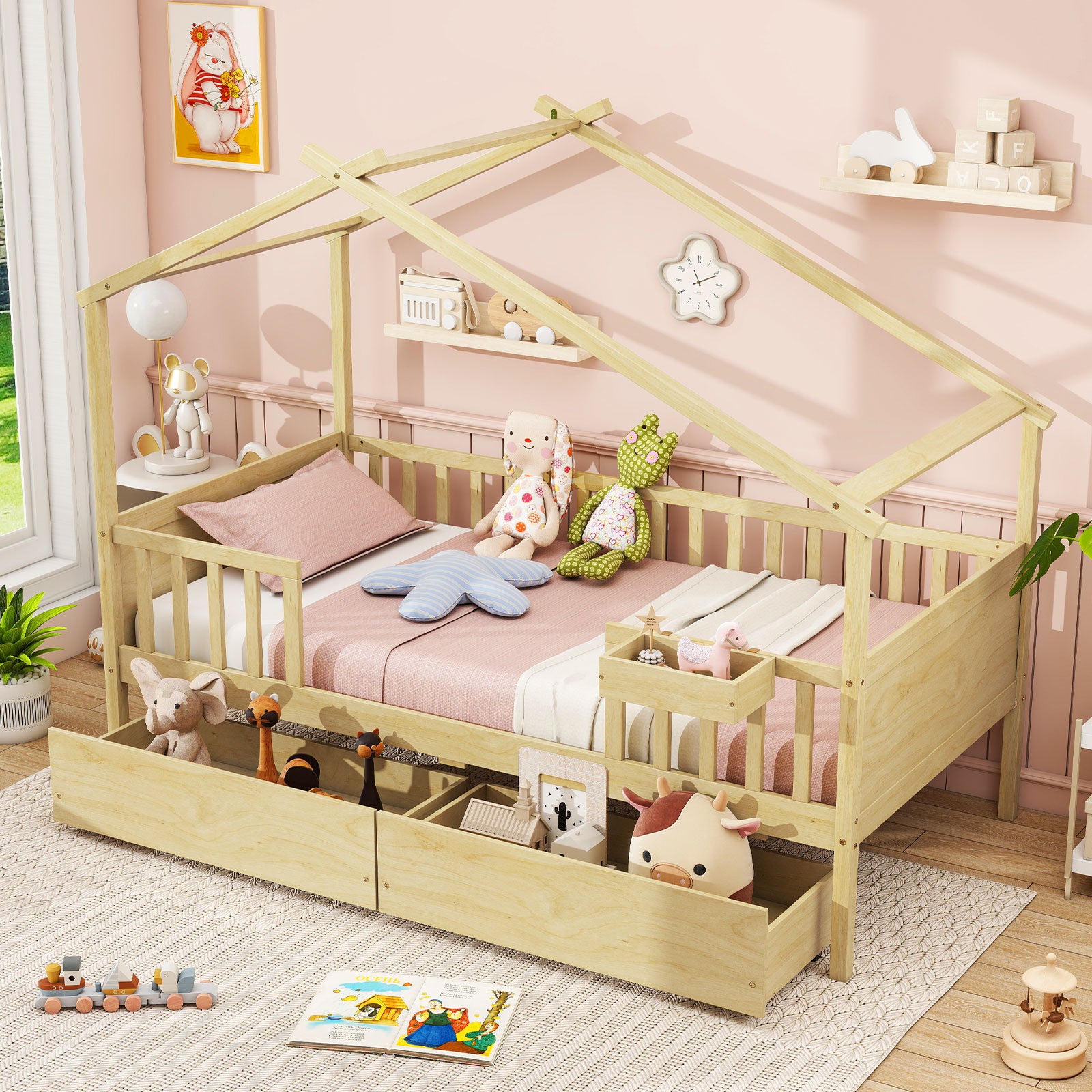 Twin House Bed with 2 Storage Drawers and Roof & Fence Rails-Natural