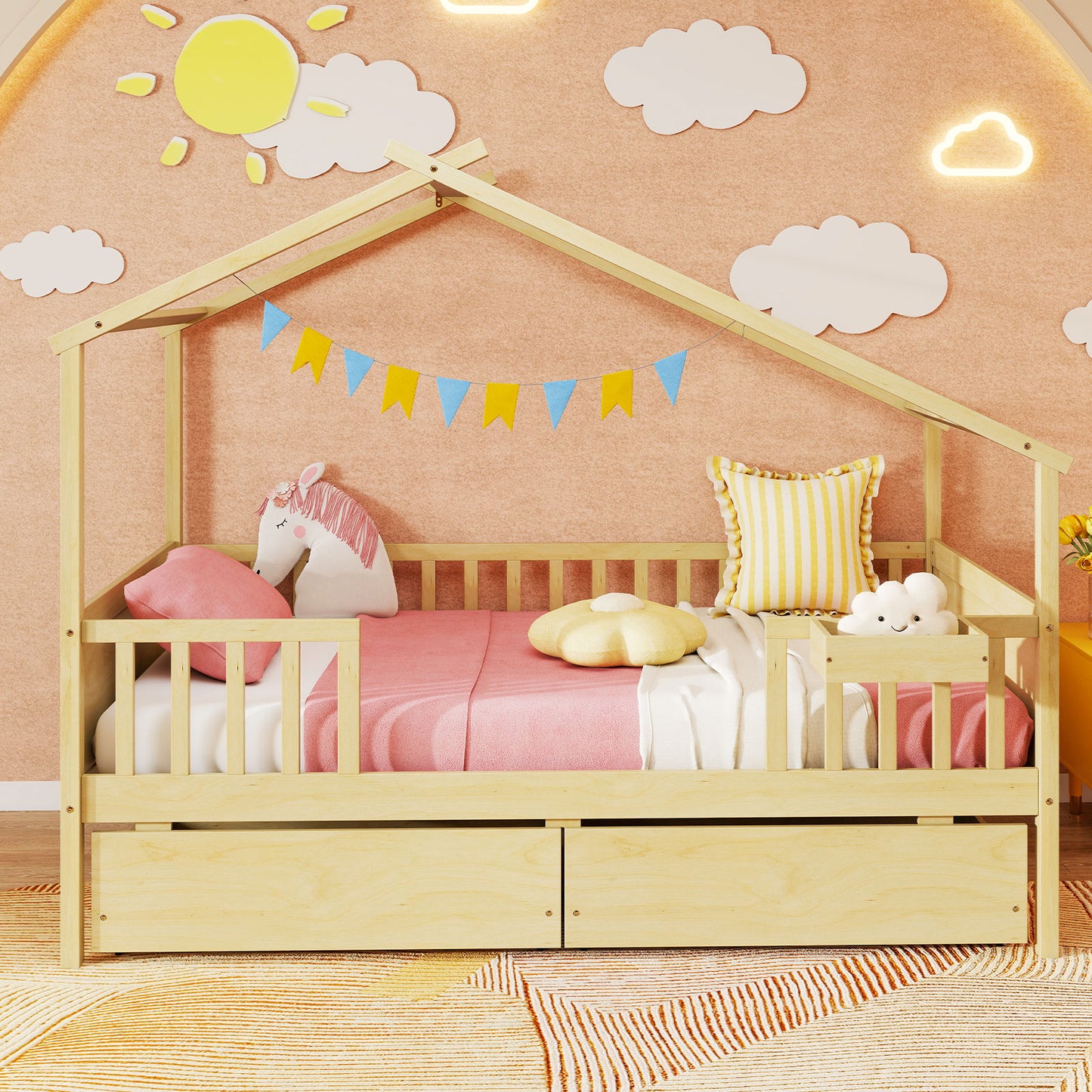 Twin House Bed with 2 Storage Drawers and Roof & Fence Rails-Natural