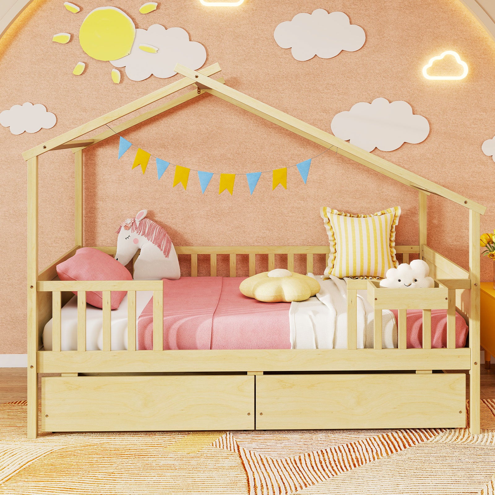 Twin House Bed with 2 Storage Drawers and Roof & Fence Rails-Natural