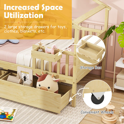 Twin House Bed with 2 Storage Drawers and Roof & Fence Rails-Natural