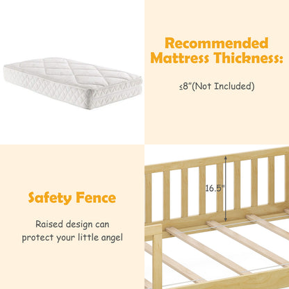 Twin House Bed with 2 Storage Drawers and Roof & Fence Rails-Natural