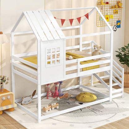 Twin House Bed with Stairs and Roof for Kids-White
