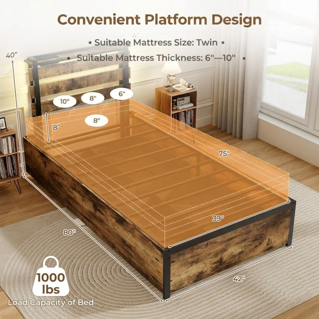 Twin Bed Frame with 4 Large Storage Drawers – Space
