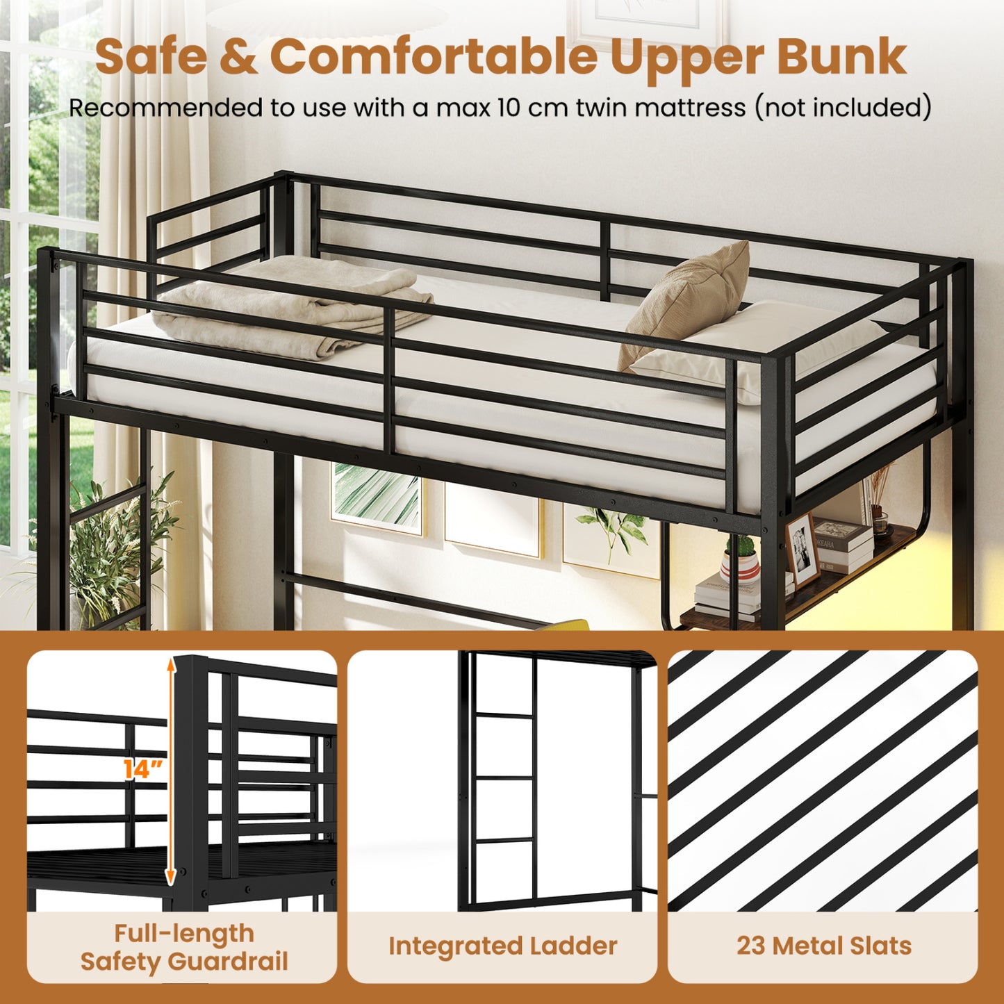 Twin Loft Bed with Desk LED Lights Charging Station Heavy-duty Metal Bed Frame with Guardrail