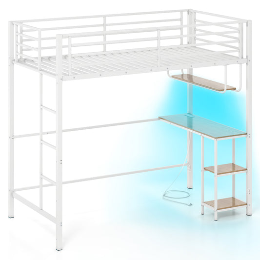 Twin Loft Bed with Desk LED Lights Charging Station Heavy-duty Metal Bed Frame with Guardrail