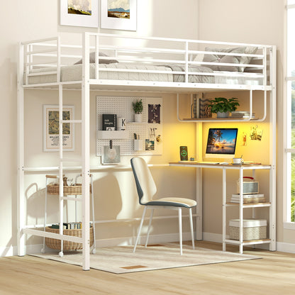 Twin Loft Bed with Desk LED Lights Charging Station Heavy-duty Metal Bed Frame with Guardrail