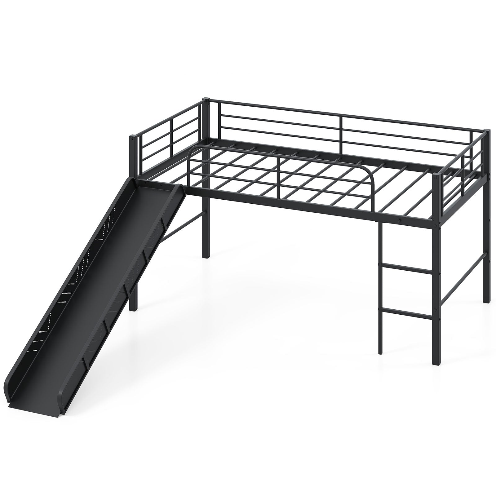 Twin Metal Loft Bed with Slide Safety Guardrails and Built-in Ladder-White - Black