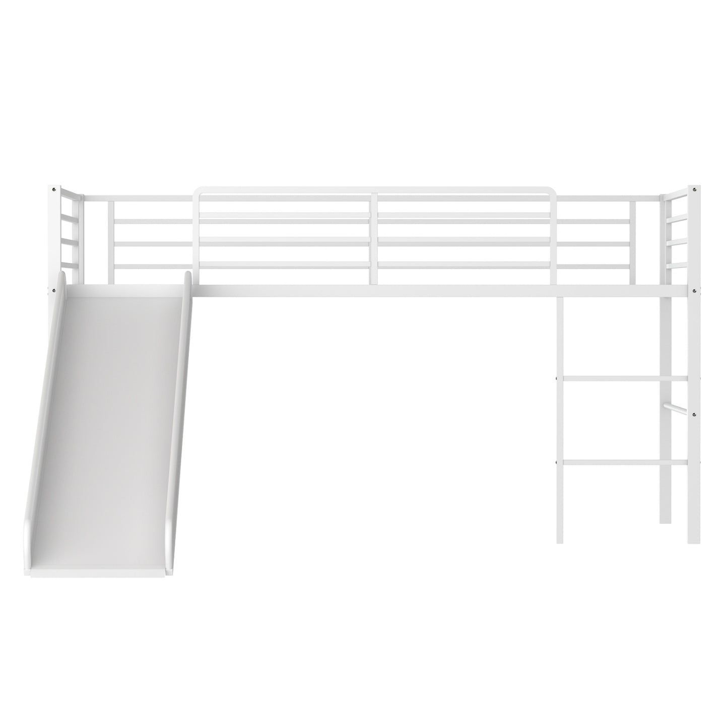 Twin Metal Loft Bed with Slide Safety Guardrails and Built-in Ladder-White - White