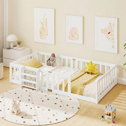 Twin Montessori Floor Bed with Bookshelf Door Plywood Crossbars Safety Guardrails-White