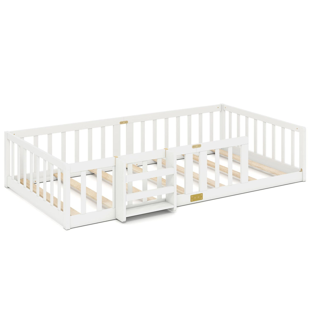 Twin Montessori Floor Bed with Bookshelf Door Plywood Crossbars Safety Guardrails-White