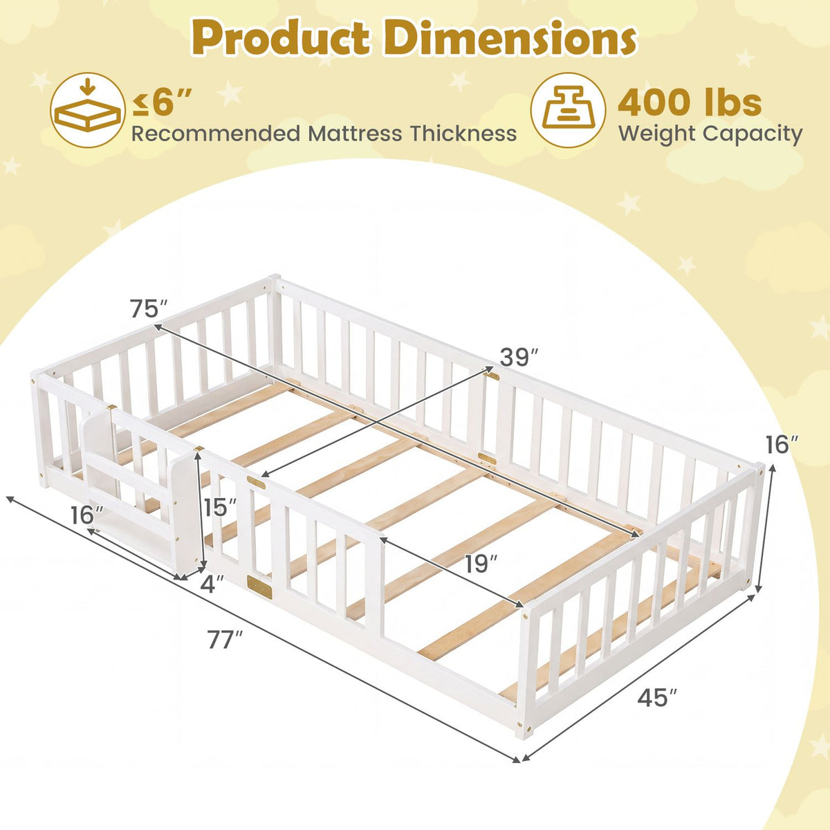 Twin Montessori Floor Bed with Bookshelf Door Plywood Crossbars Safety Guardrails-White