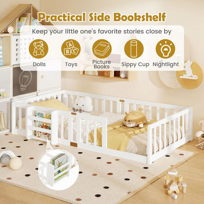 Twin Montessori Floor Bed with Bookshelf Door Plywood Crossbars Safety Guardrails-White