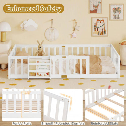 Twin Montessori Floor Bed with Bookshelf Door Plywood Crossbars Safety Guardrails-White