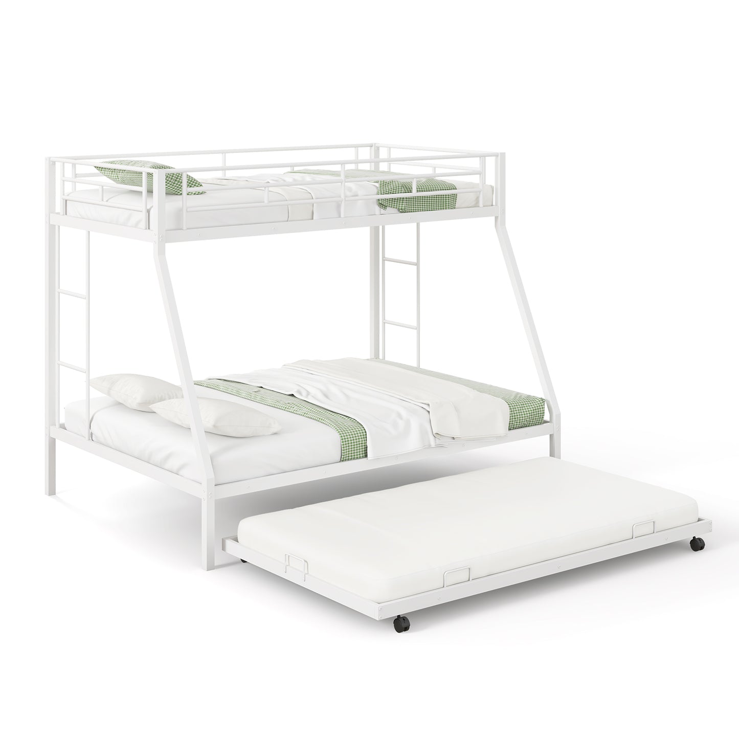 Twin Over Full Bunk Bed Frame with Trundle for Guest Room-White - White