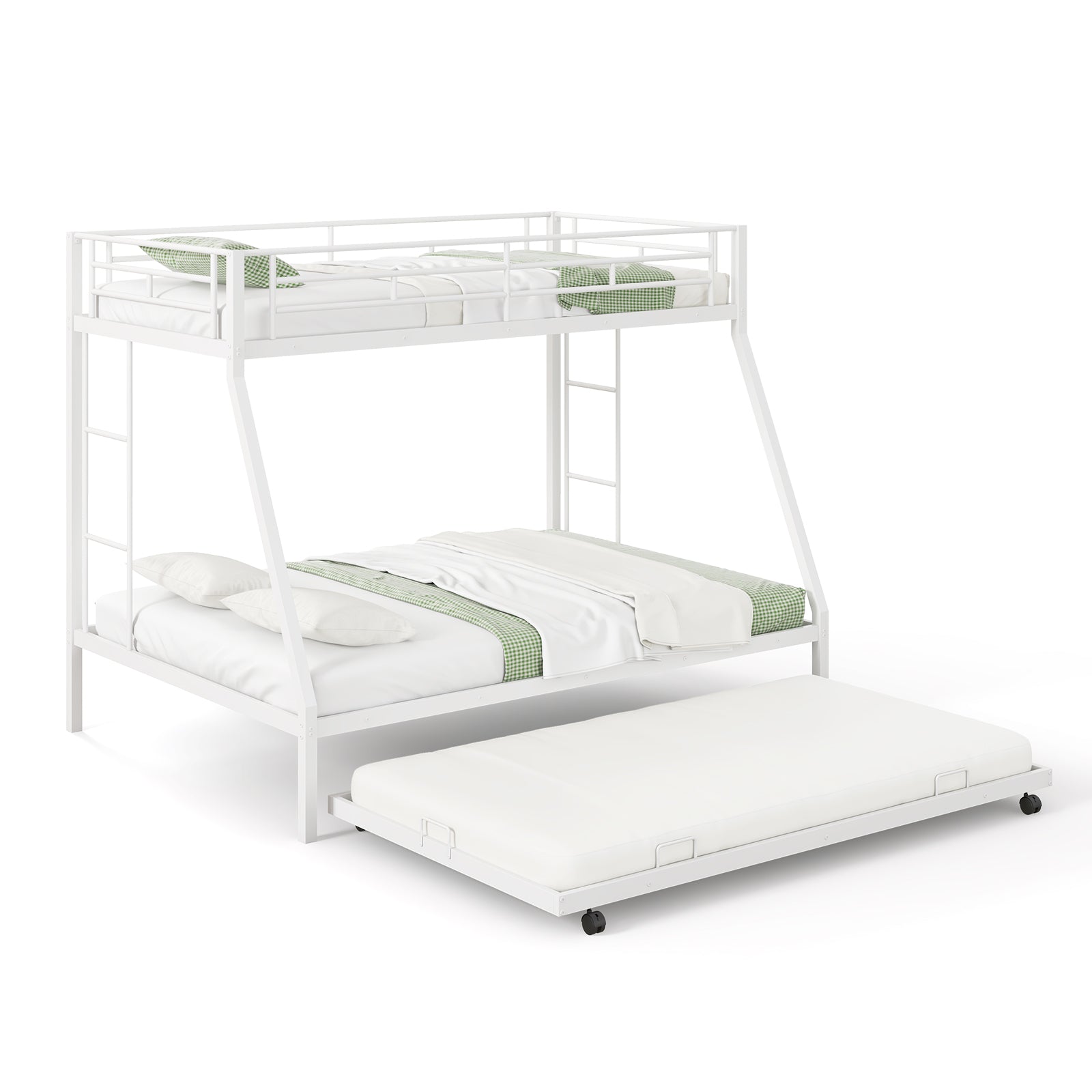 Twin Over Full Bunk Bed Frame with Trundle for Guest Room-White - White