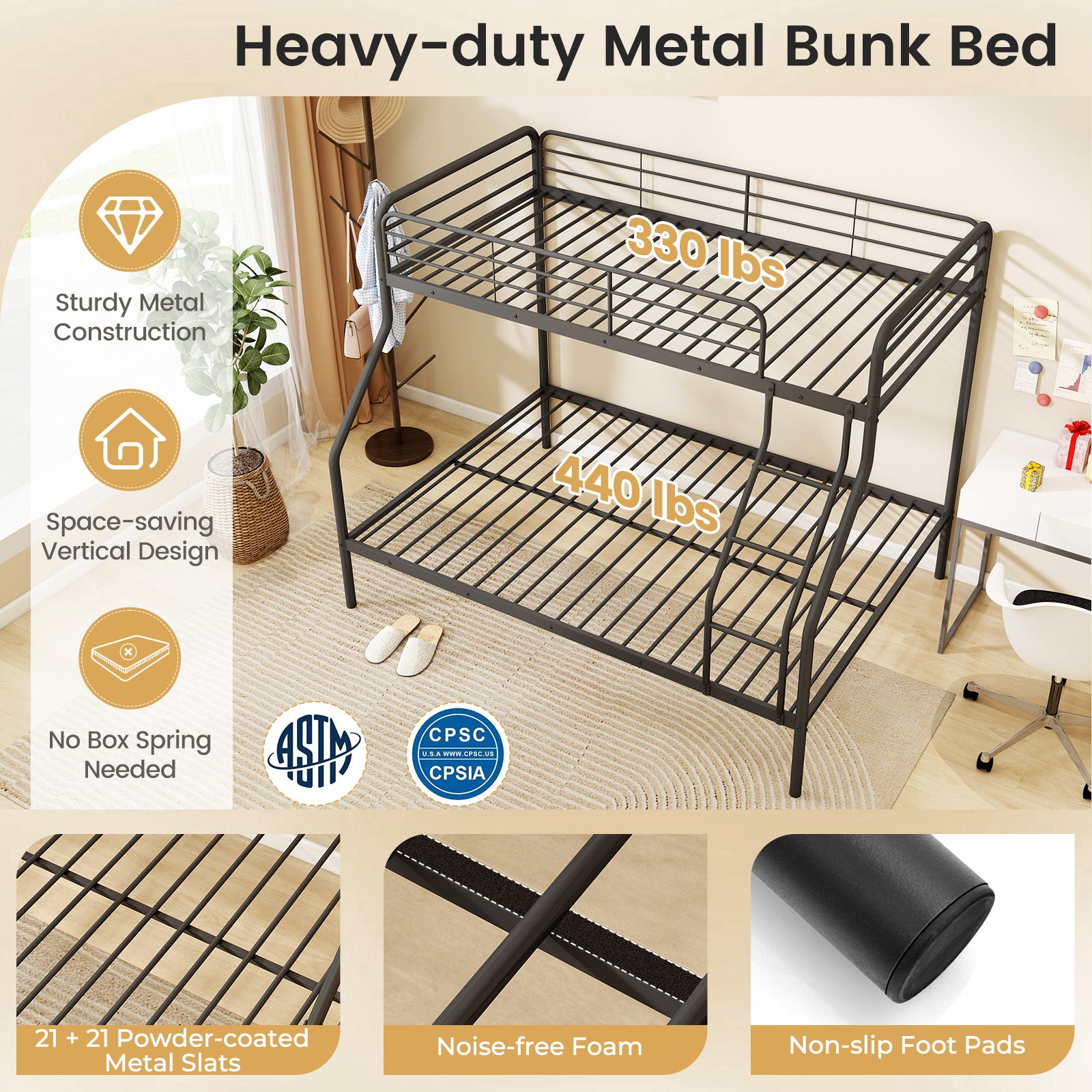 Twin Over Full Bunk Bed with Ladder and Full-length Guardrails-Black
