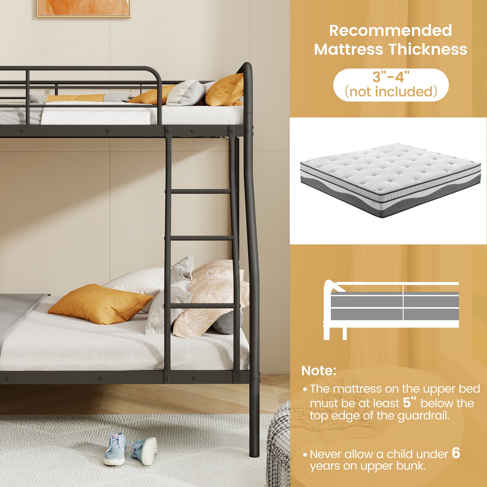 Twin Over Full Bunk Bed with Ladder and Full-length Guardrails-Black