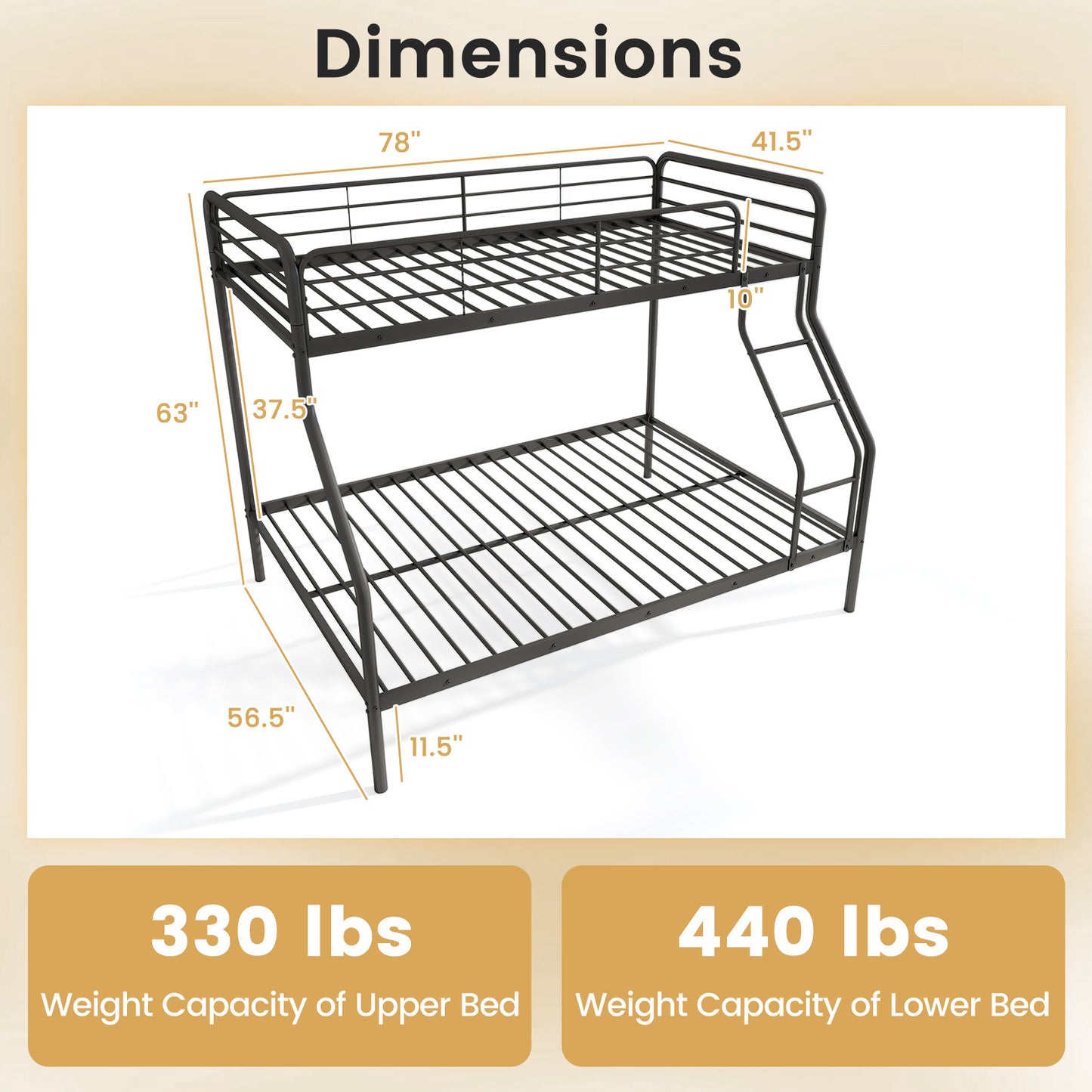 Twin Over Full Bunk Bed with Ladder and Full-length Guardrails-Black