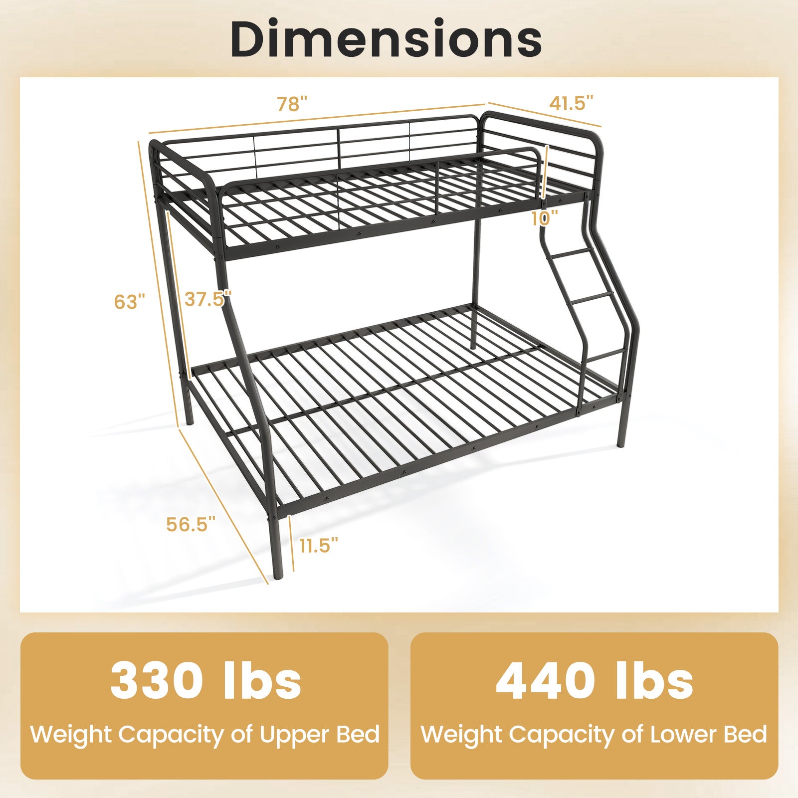 Twin Over Full Bunk Bed with Ladder and Full-length Guardrails-Black