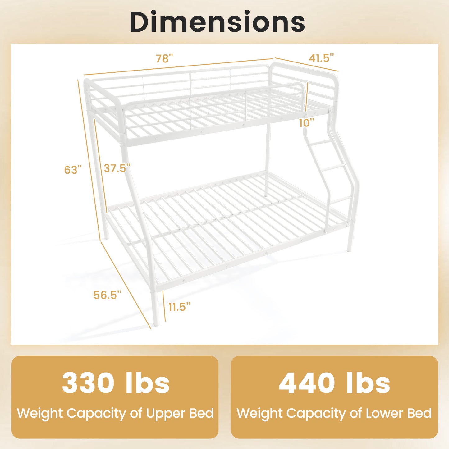 Twin Over Full Bunk Bed with Ladder and Full-length Guardrails-White