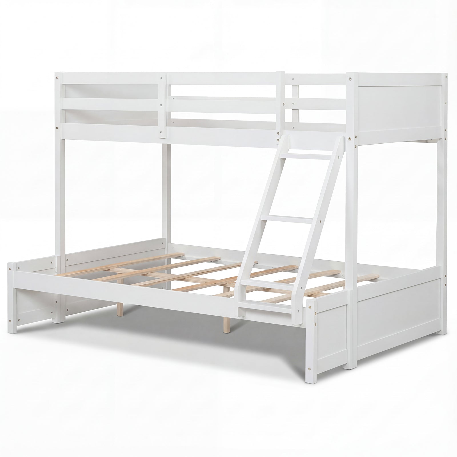 Twin Over Full Bunk Bed with 3-Step Ladder and Full-Length Guardrails-White