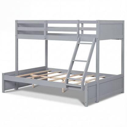 Twin Over Full Bunk Bed with 3-Step Ladder and Full-Length Guardrails-Gray